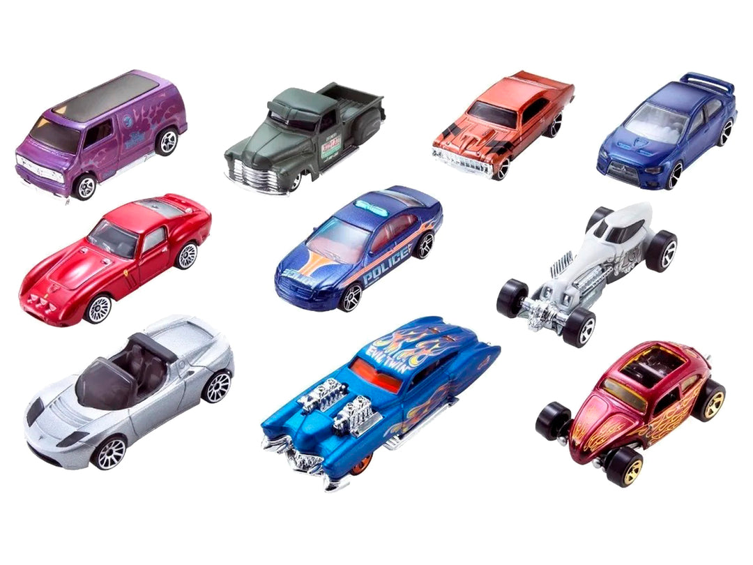 Set de 10 carritos Hot Wheels de Mattel en empaque transparente con diversos colores y modelos.