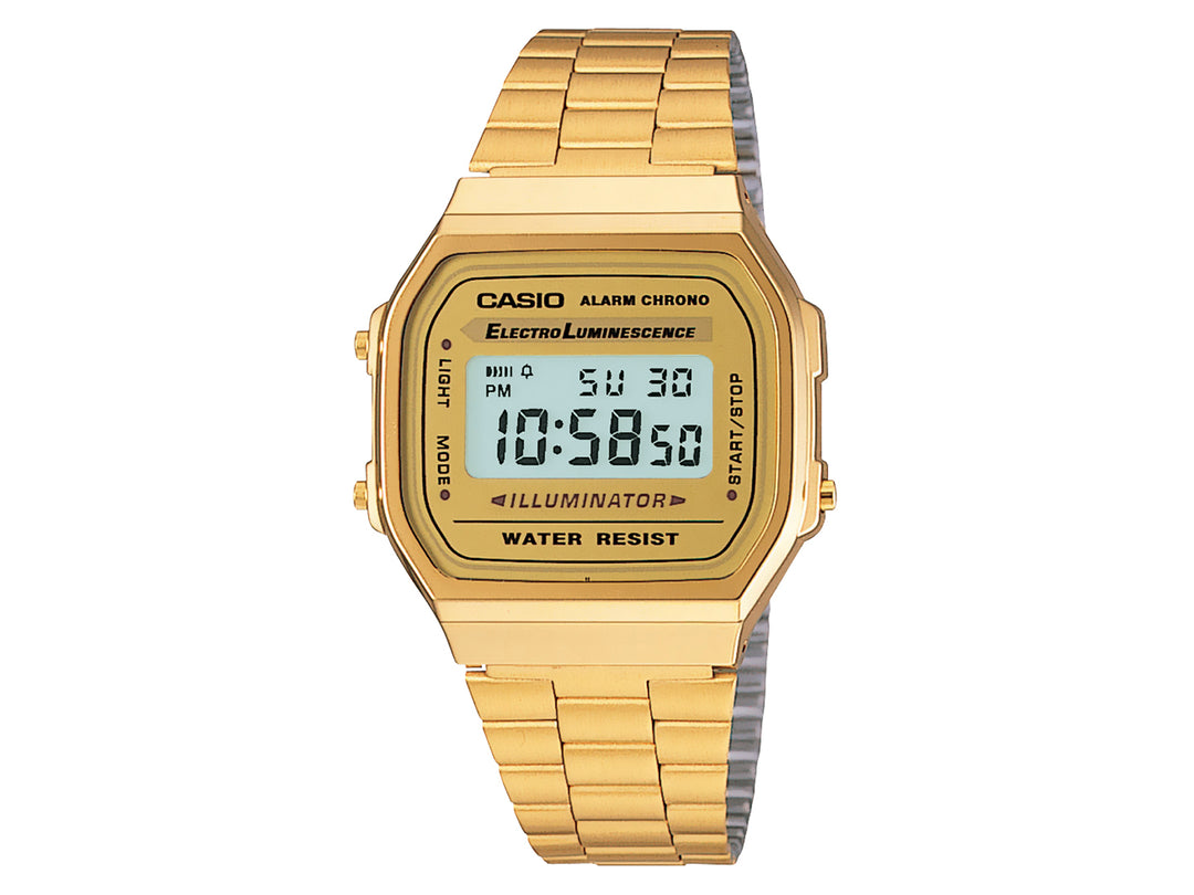 Reloj digital Casio A-168WG de color dorado con correa de metal y pantalla rectangular.