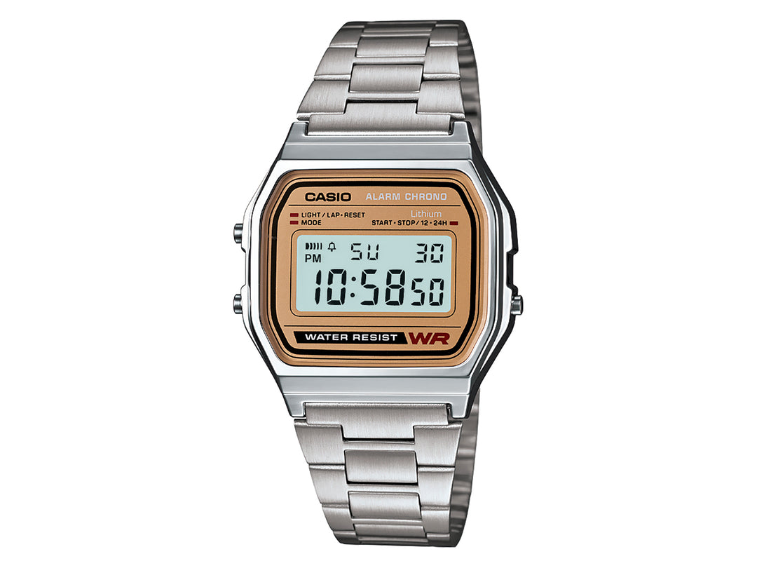 Reloj digital Casio A-158WE para hombre, color plata con esfera dorada y correa de acero inoxidable.
