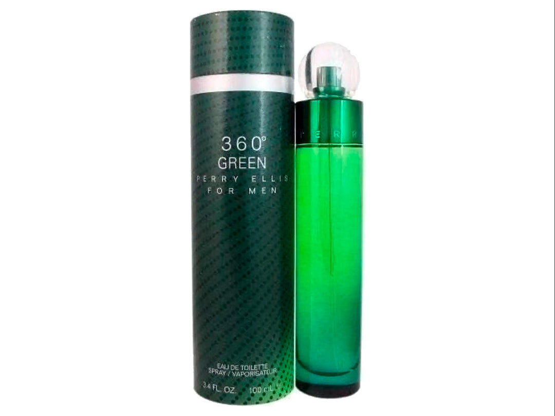 Perfume Perry Ellis 360 Green para Hombre en botella de vidrio verde y su caja cilíndrica a juego.