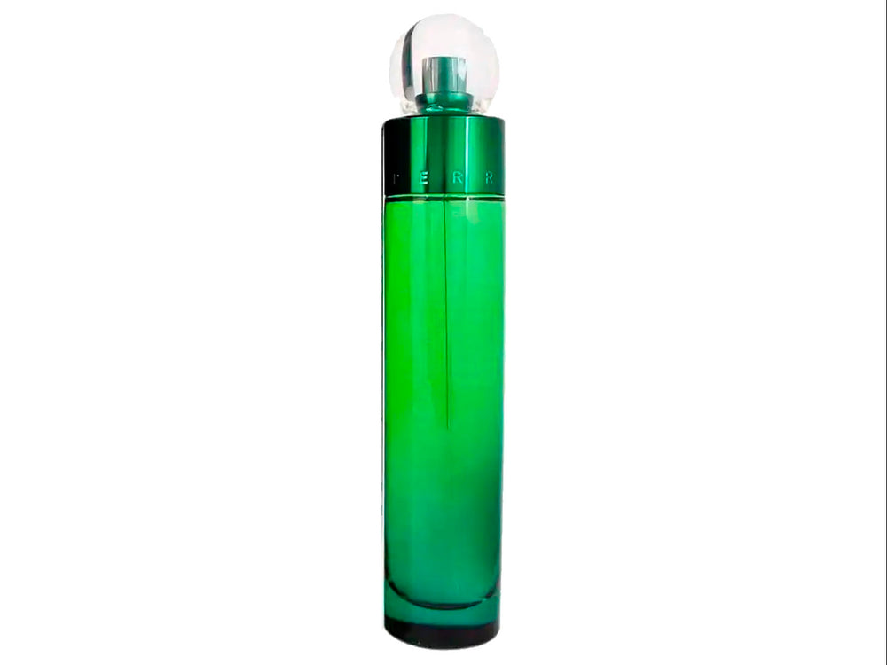 Perfume Perry Ellis 360 Green para Hombre en botella de vidrio verde y su caja cilíndrica a juego.