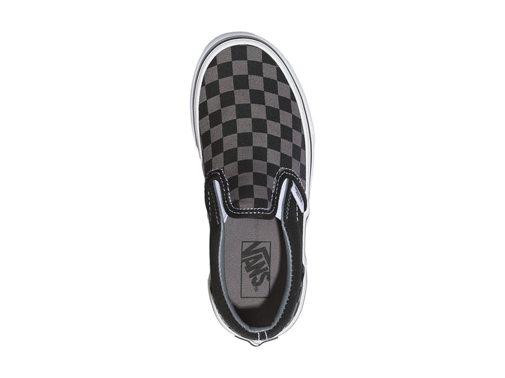 Tenis Vans Classic Slip-On para niño con diseño de cuadros en color negro y gris con suela blanca.