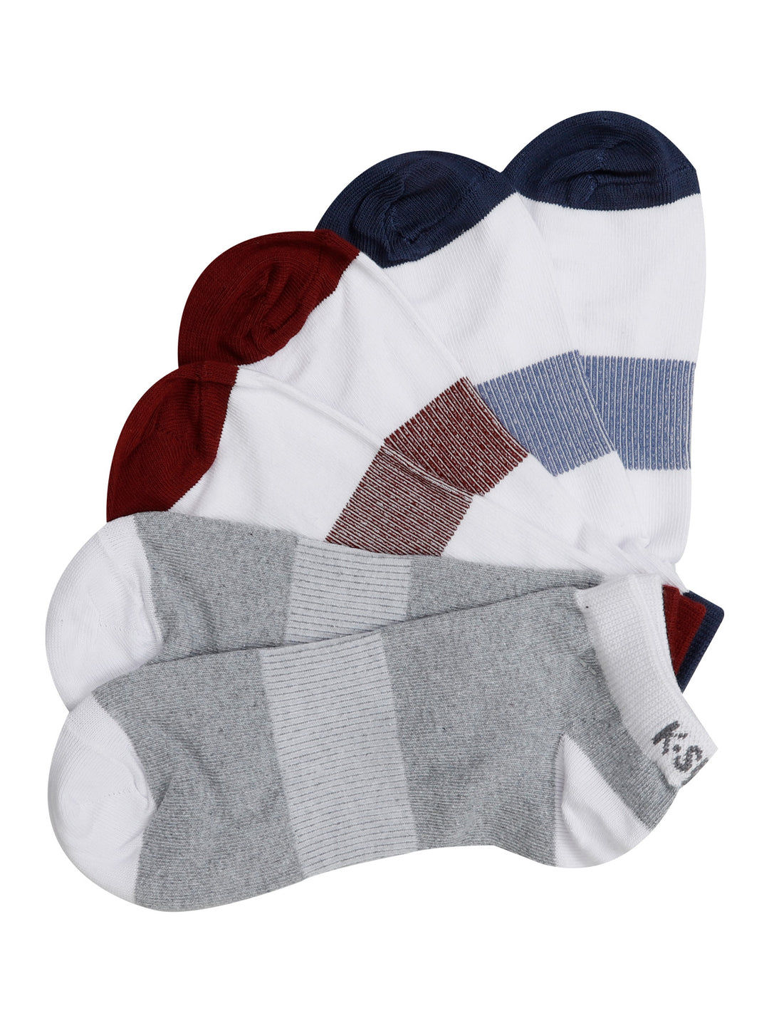 Paquete de tres pares de calcetines deportivos K-Swiss en colores blanco con gris, azul marino y rojo.