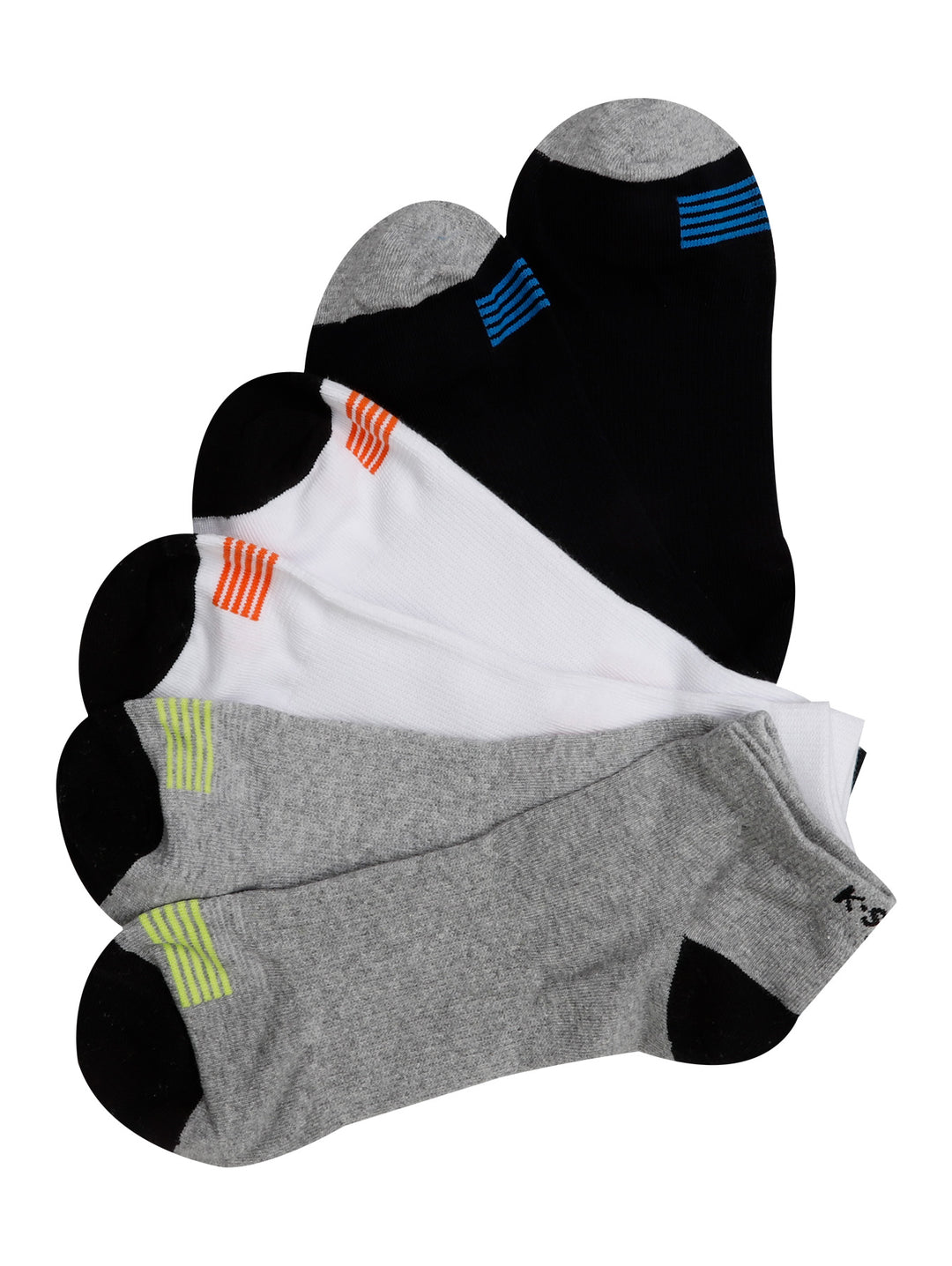 Paquete de calcetines K-Swiss para hombre en colores negro, blanco y gris con detalles de rayas coloridas.