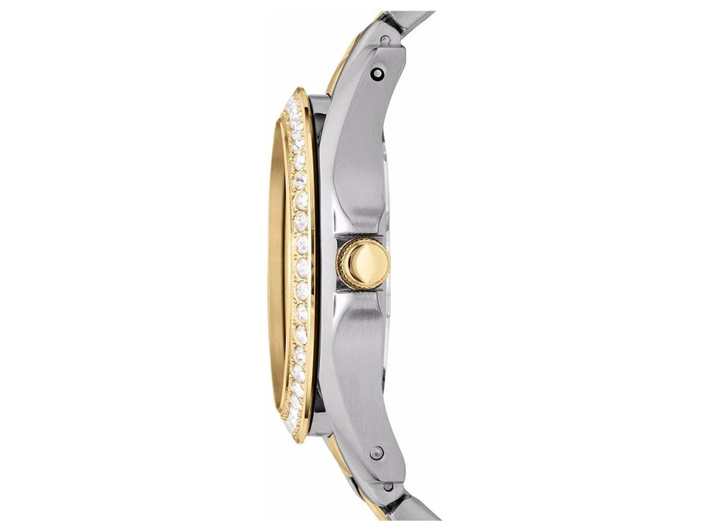 Reloj Fossil bicolor en plata y dorado para mujer, con bisel adornado con cristales y esfera blanca.