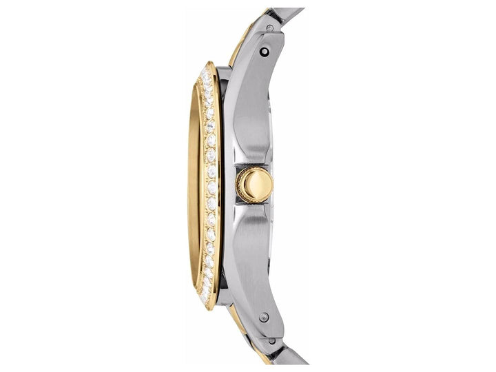 Reloj Fossil bicolor en plata y dorado para mujer, con bisel adornado con cristales y esfera blanca.