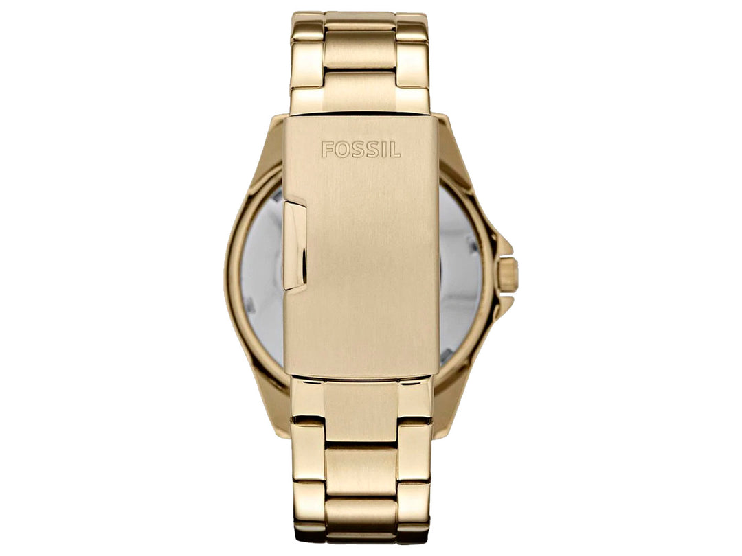 Reloj Fossil dorado con bisel decorado con cristales y correa de eslabones metálicos.