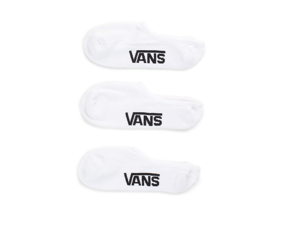 Set de tres calcetines blancos Vans Classic Super No Show con logotipo negro.