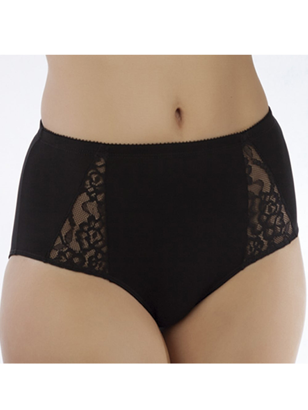 Panty negro de corte completo para mujer con detalles de encaje en los costados.