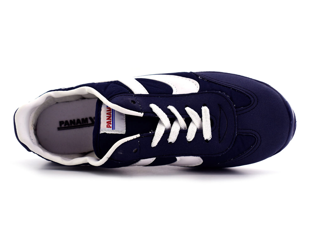 Tenis Panam Retro para hombre en color azul marino con franja y cordones blancos.