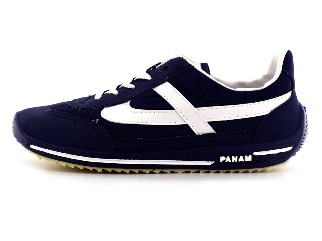 Tenis Panam Retro para hombre en color azul marino con franja y cordones blancos.