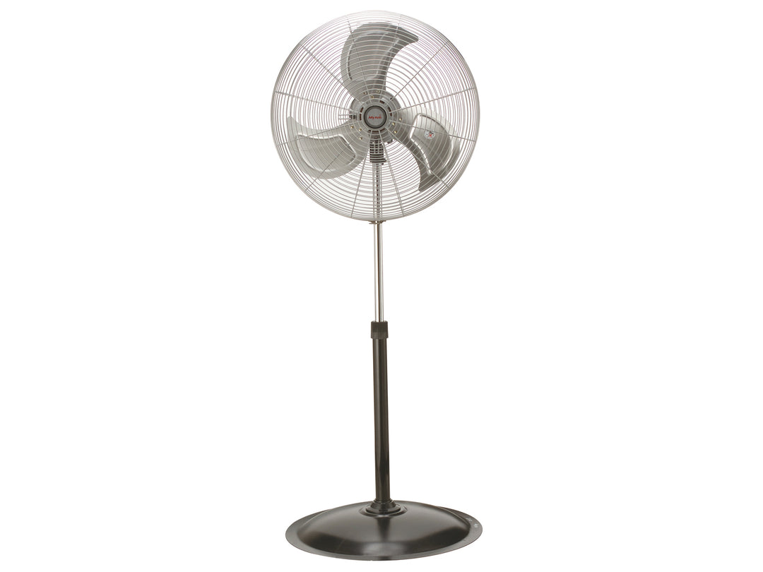 Ventilador de pedestal Mytek color negro con rejilla y aspas plateadas.
