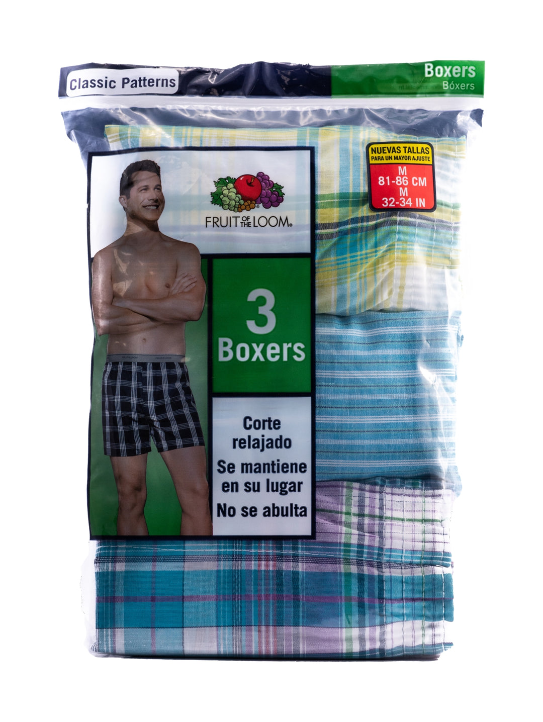 Paquete de 3 boxers Fruit of the Loom con patrones de cuadros y rayas en colores azul, verde y amarillo.