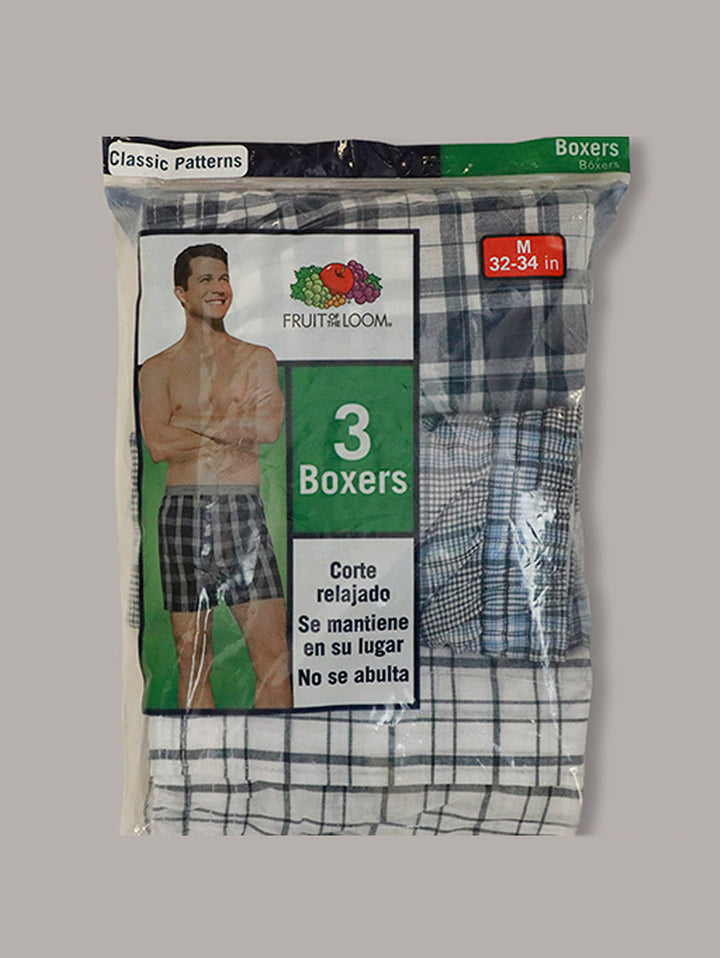Paquete de 3 boxers Fruit of the Loom con patrones de cuadros y rayas en colores azul, verde y amarillo.