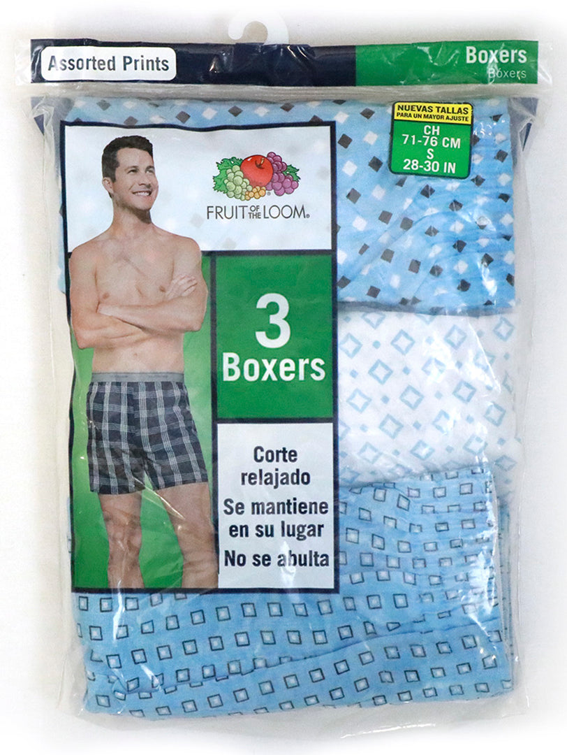 Paquete de 3 bóxers tradicionales Fruit of the Loom para hombre en colores azul, blanco y gris.