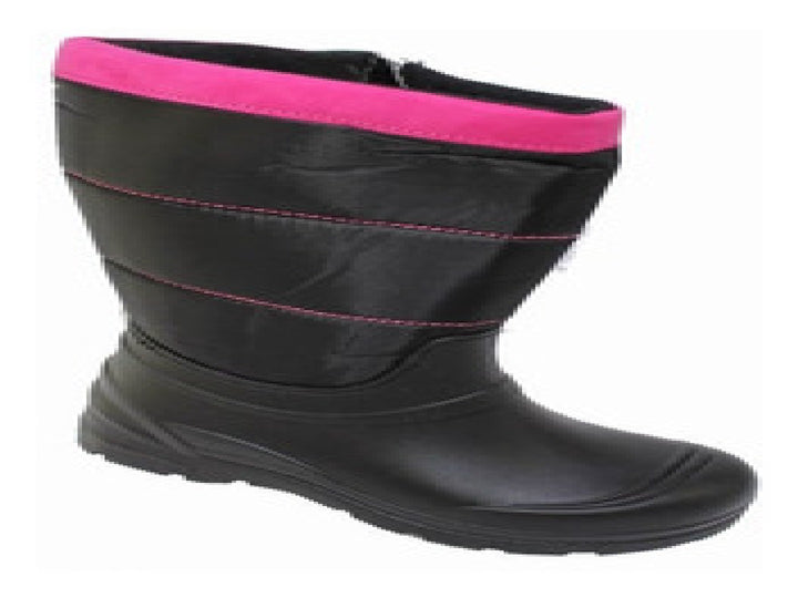 Botas negras para niña con borde superior y costuras en color fucsia.