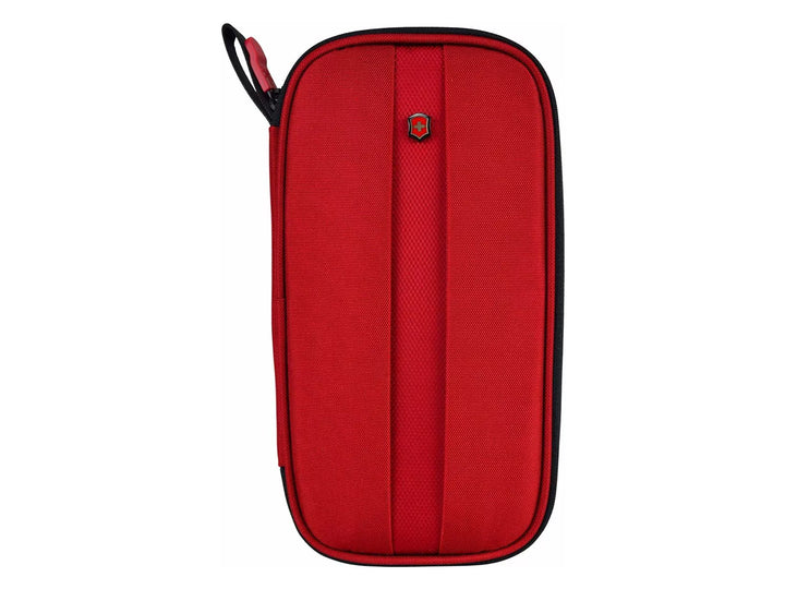 Organizador rojo de tela con forma ovalada y cierre negro de la marca Victorinox.
