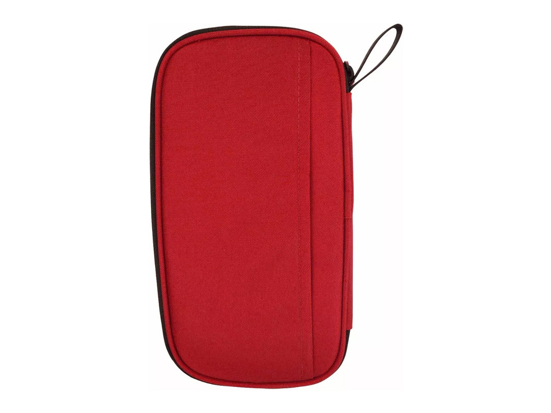 Organizador rojo de tela con forma ovalada y cierre negro de la marca Victorinox.