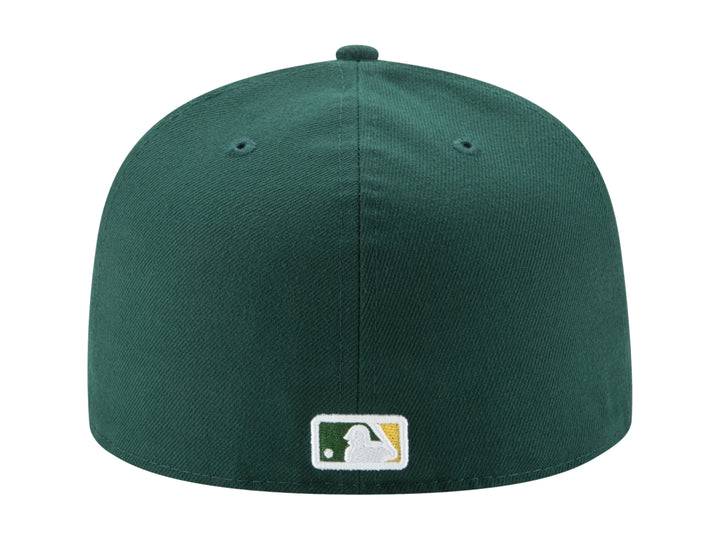 Gorra de béisbol New Era color verde con logotipo bordado en amarillo de los Oakland Athletics y visera plana.