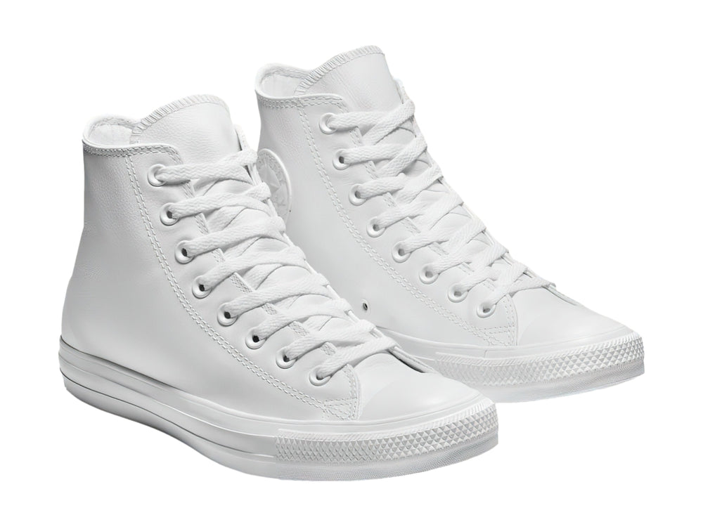 Tenis Converse Chuck Taylor All Star Hi en color blanco, estilo bota alta con agujetas y suela de goma.