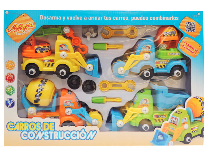 Set de carros de construcción coloridos con herramientas para armar y desarmar en empaque transparente.