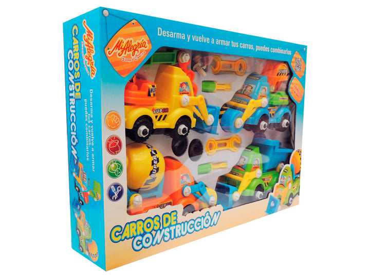 Set de carros de construcción coloridos con herramientas para armar y desarmar en empaque transparente.