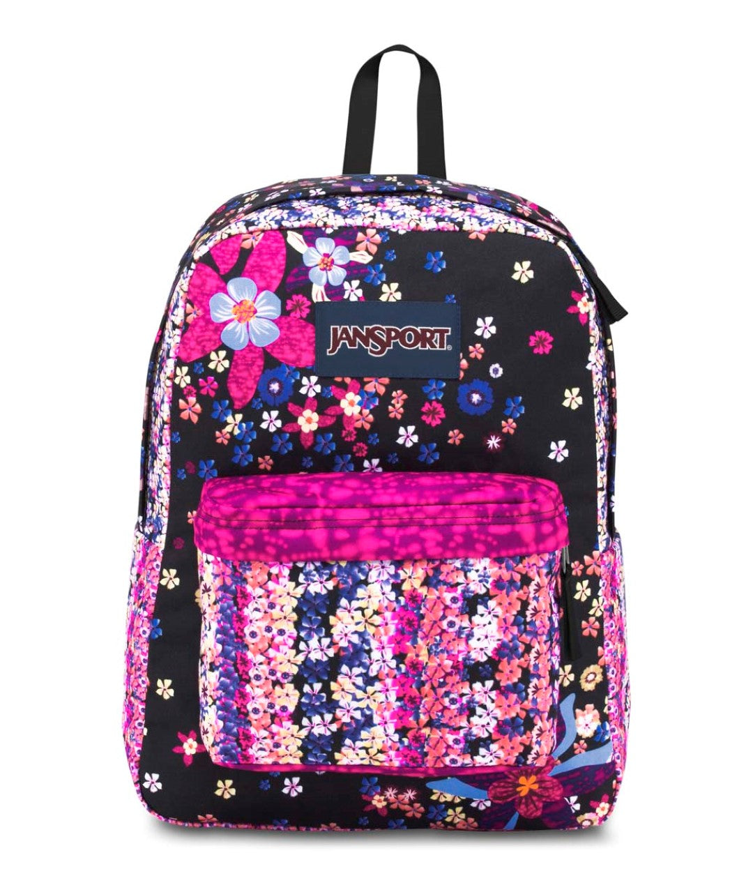 Mochila JanSport con estampado floral multicolor sobre fondo negro y detalles en rosa.