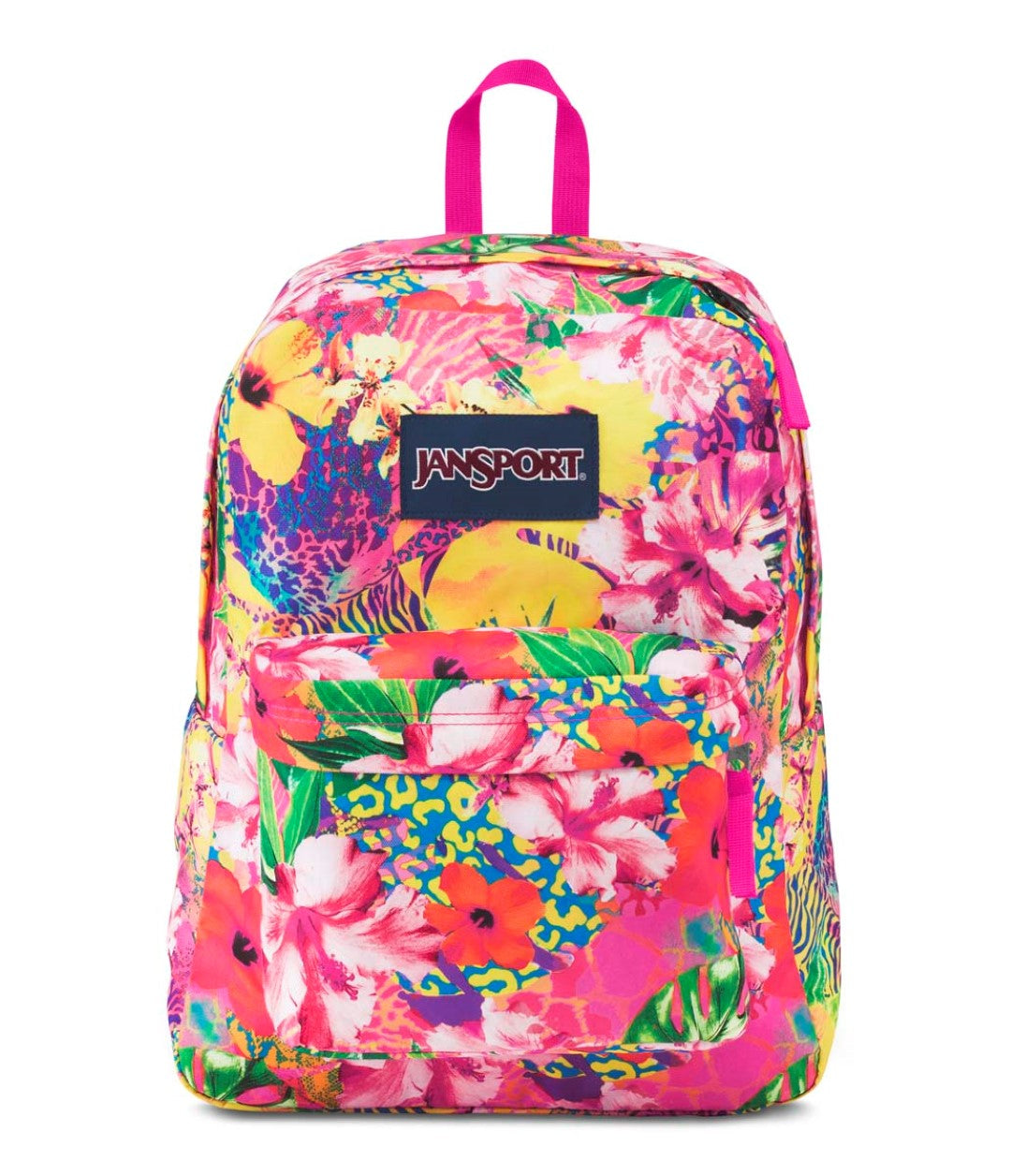 Mochila JanSport SuperBreak con estampado tropical multicolor en tonos rosa, amarillo y azul.