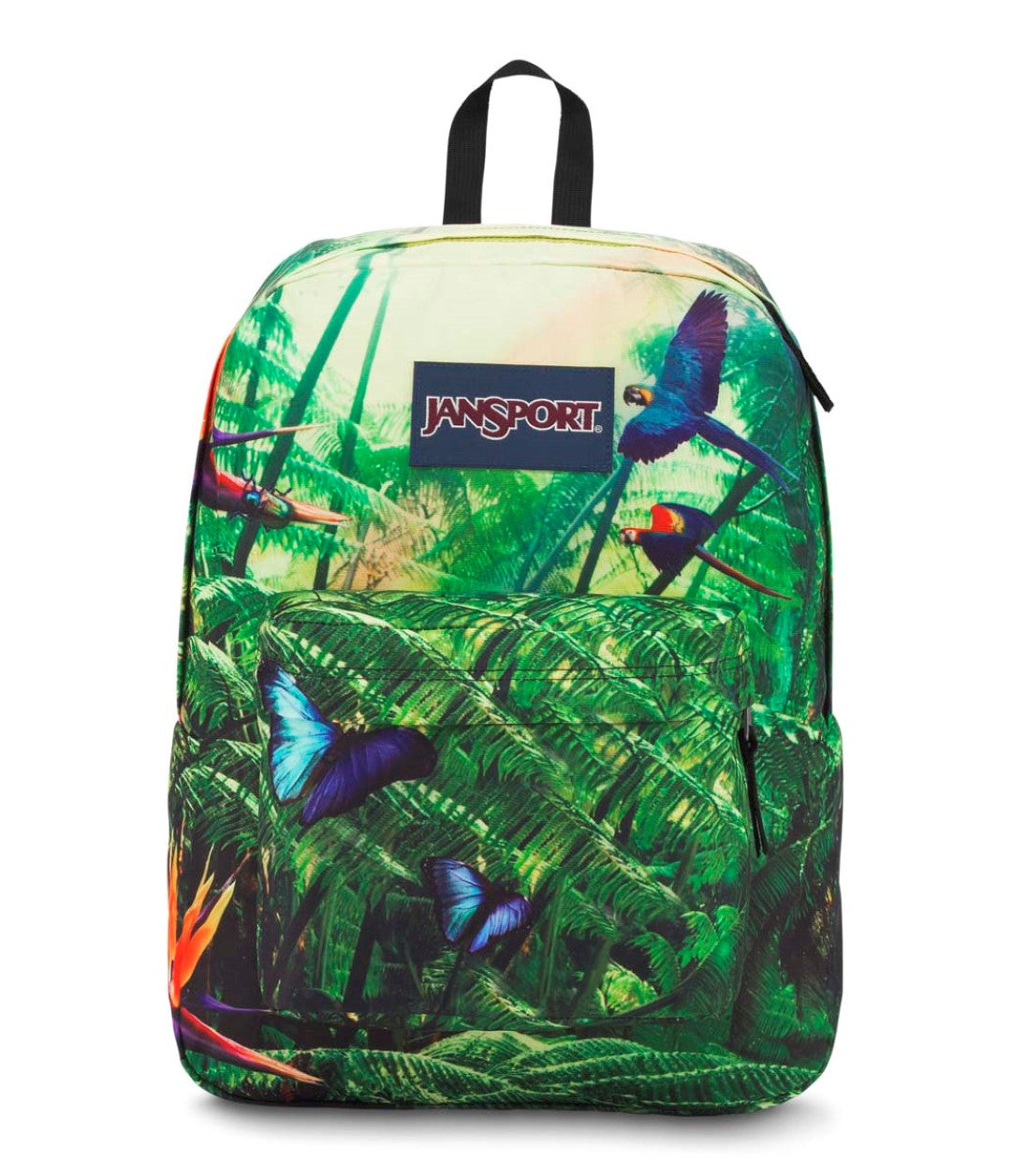 Mochila JanSport con estampado de selva tropical en colores verde, azul y rojo con aves y mariposas.