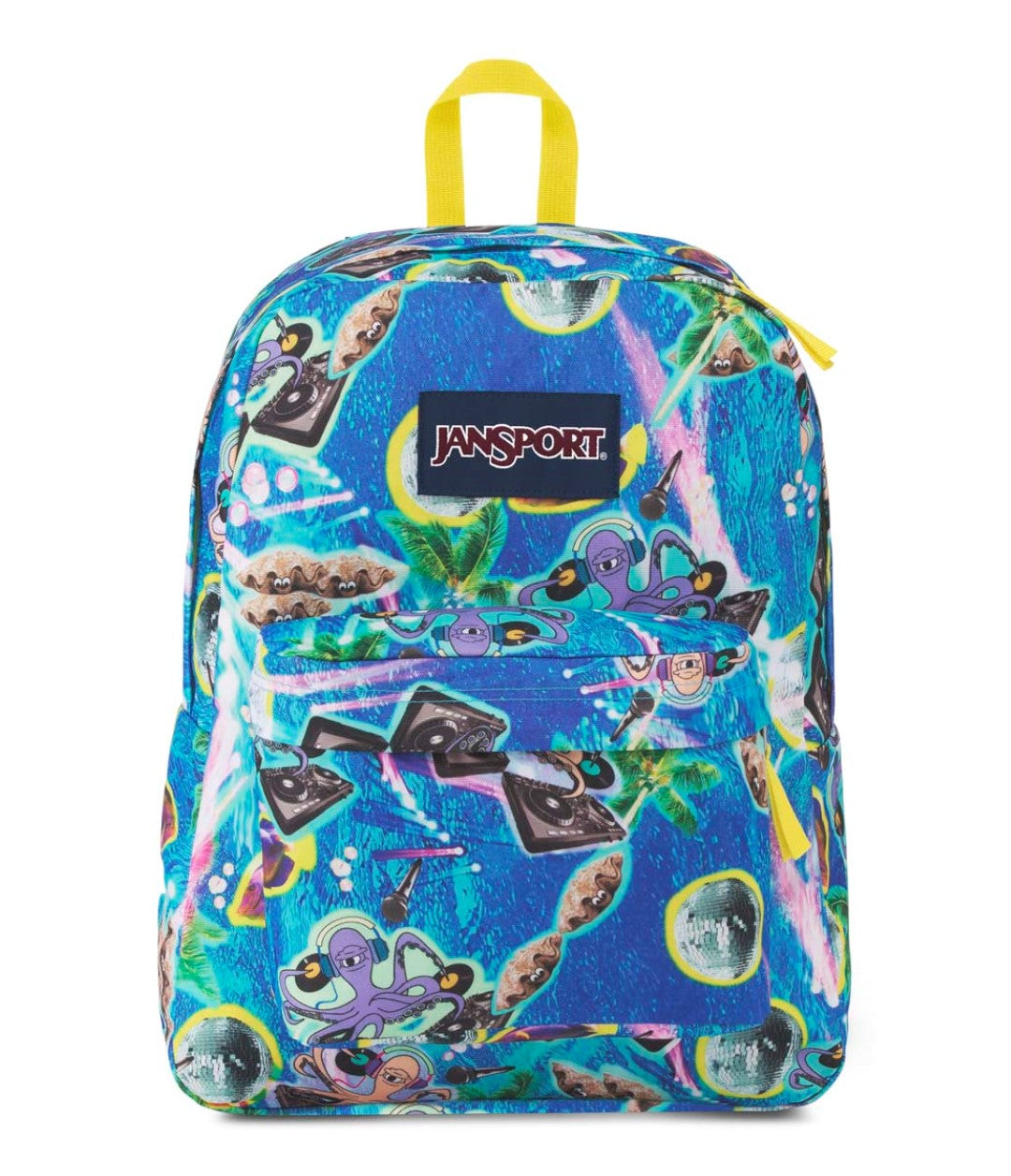 Mochila JanSport SuperBreak con estampado multicolor de temática DJ sobre fondo azul.
