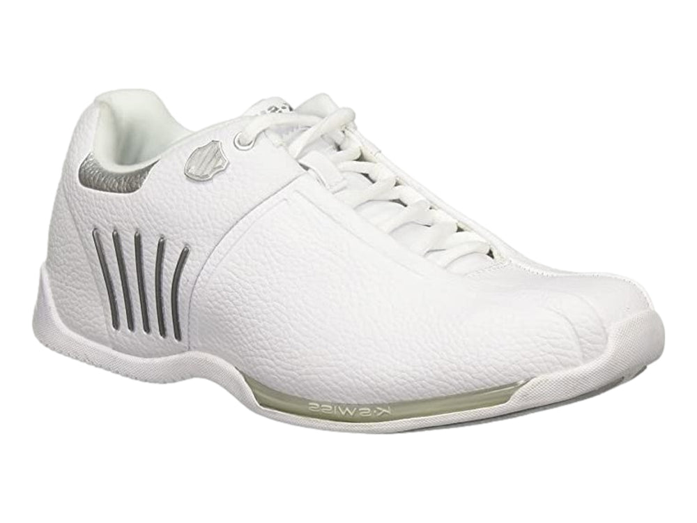 Tenis K-Swiss Montrau color blanco con textura de cuero granulado y suela blanca.