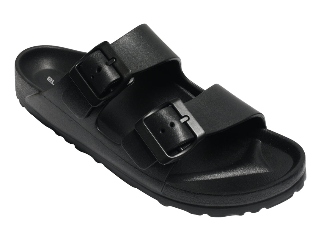 Sandalia ELEGA color negro con dos correas ajustables mediante hebillas y suela ergonómica.