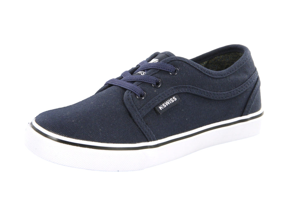 Tenis casuales K-SWISS para niños en color azul marino con suela blanca y cordones.