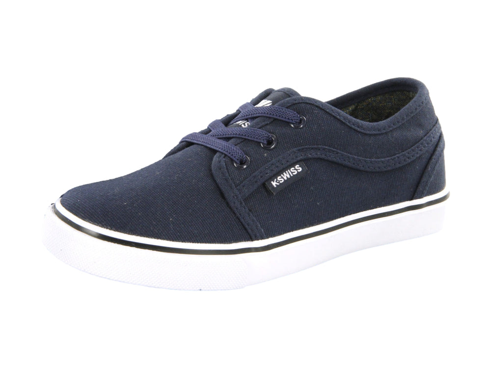 Zapato casual K-SWISS para niño en color azul marino con suela blanca y agujetas.