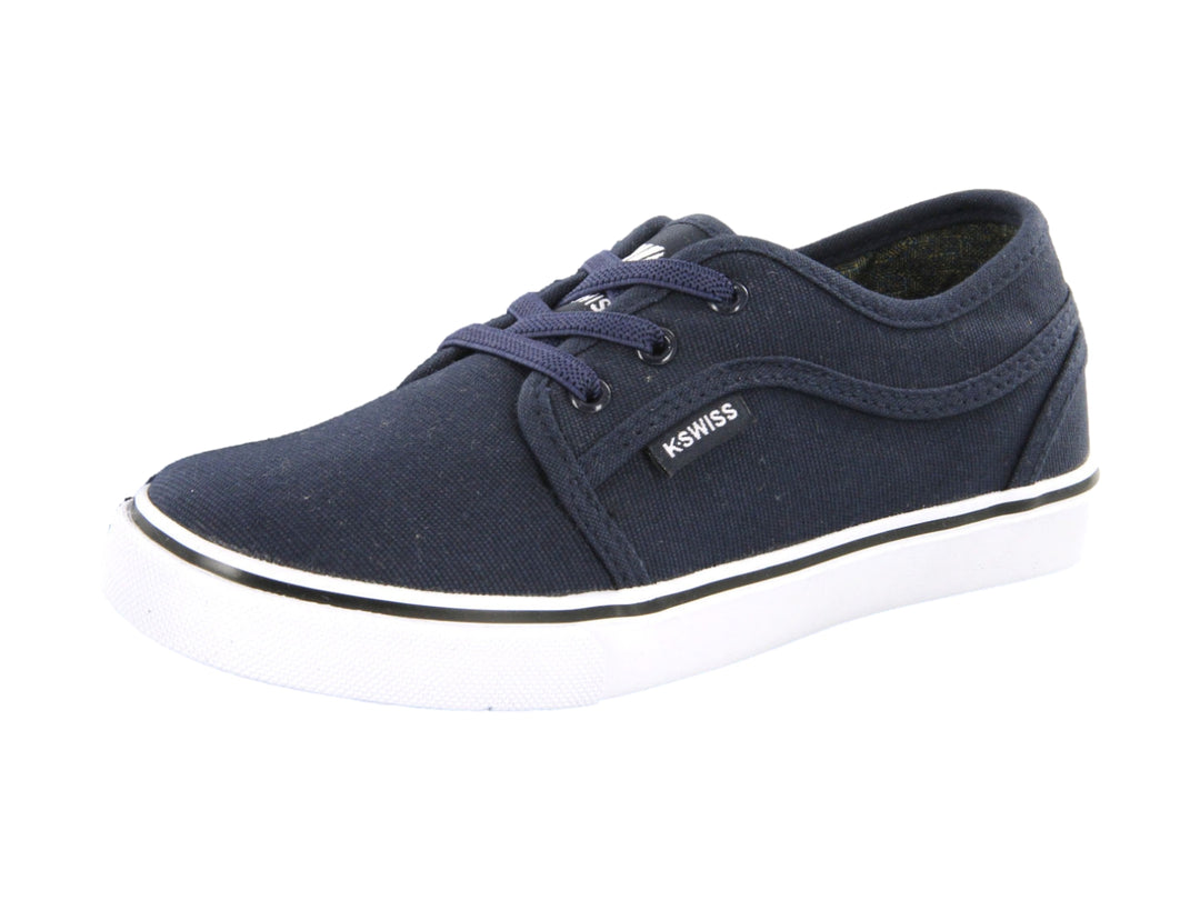 Zapato casual K-SWISS para niño en color azul marino con suela blanca y agujetas.