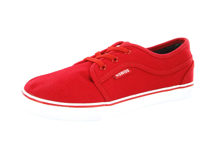 Tenis K-Swiss para niño en color rojo con suela blanca y cordones rojos.