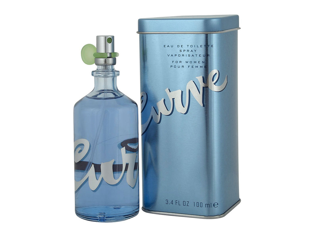 Perfume Curve para mujer en frasco de vidrio azul y envase metálico azul.