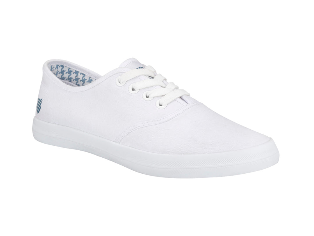 Tenis K-Swiss Beverly para mujer en color blanco con interior estampado en azul y blanco.