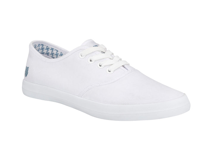 Tenis K-Swiss Beverly para mujer en color blanco con interior estampado en azul y blanco.