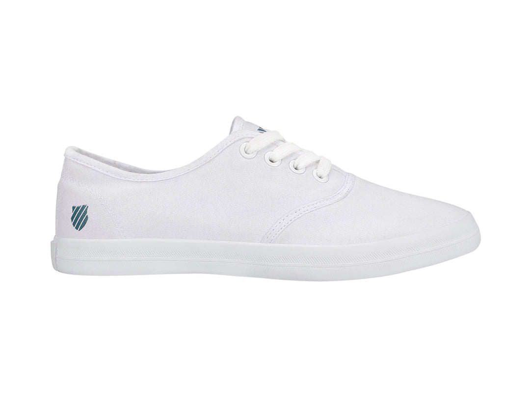 Tenis K-Swiss Beverly para mujer en color blanco con interior estampado en azul y blanco.