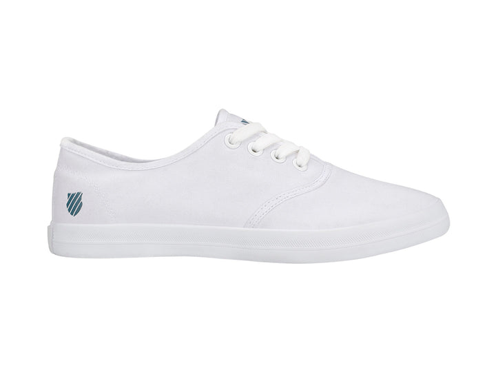 Tenis K-Swiss Beverly para mujer en color blanco con interior estampado en azul y blanco.