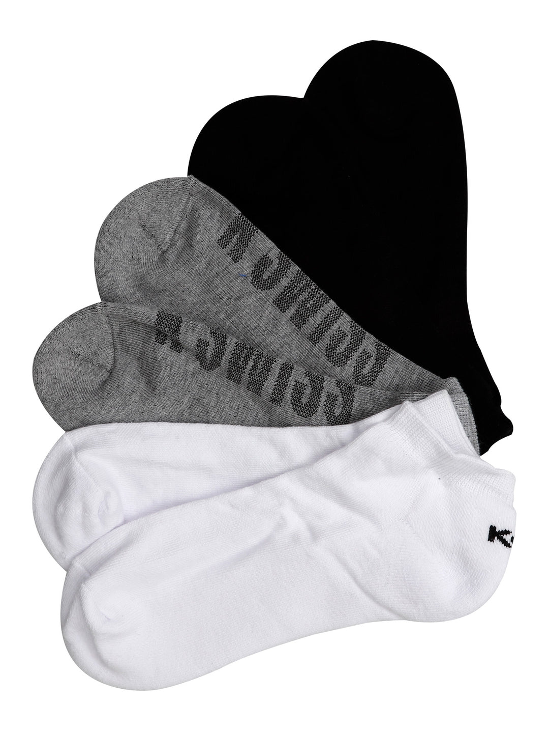 Pack de tres pares de calcetines tobilleros K-Swiss en colores blanco, gris jaspeado y negro.