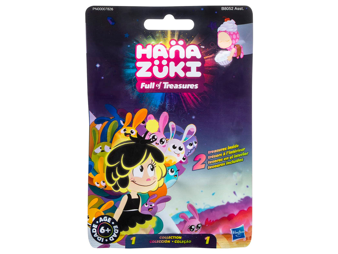 Empaque colorido de figurillas sorpresa Hanazuki de Hasbro con personajes ilustrados.