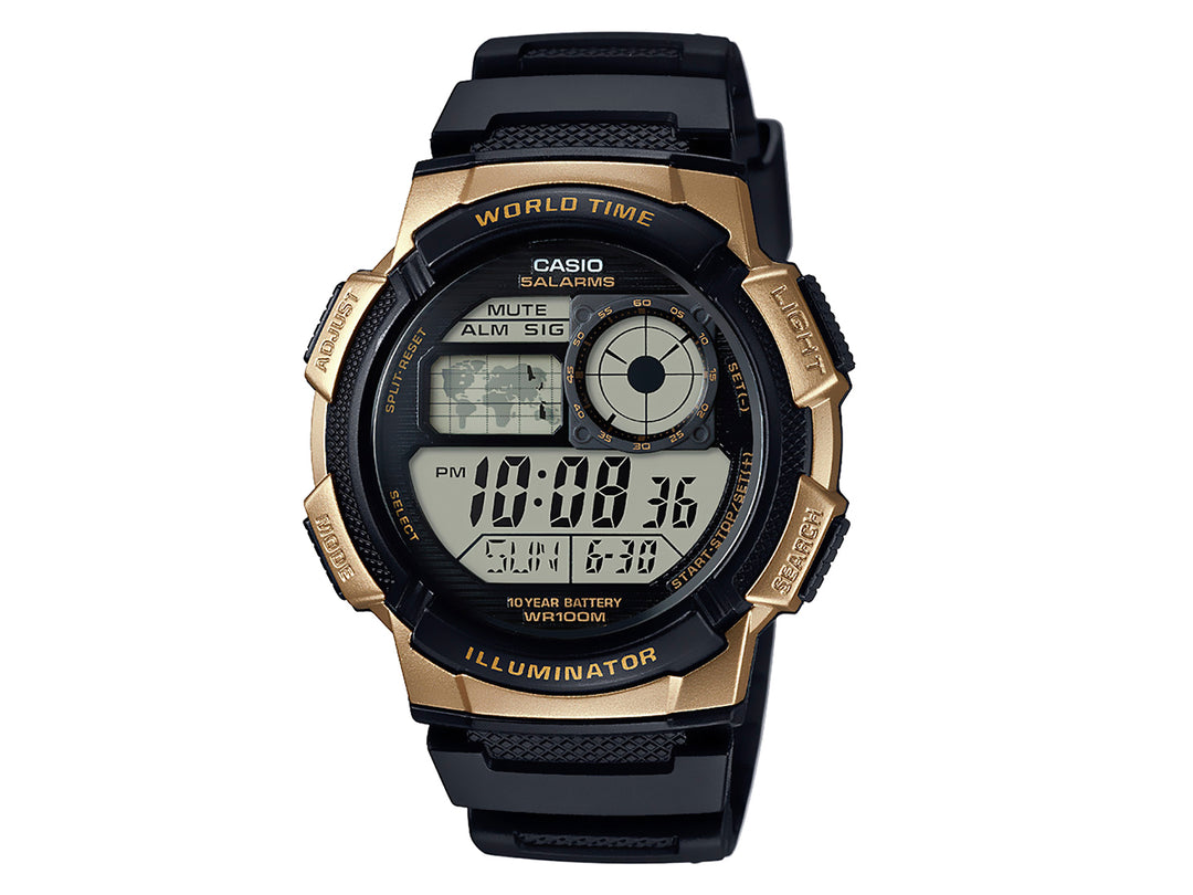 Reloj digital Casio AE-1000W para hombre con correa negra y bisel dorado.