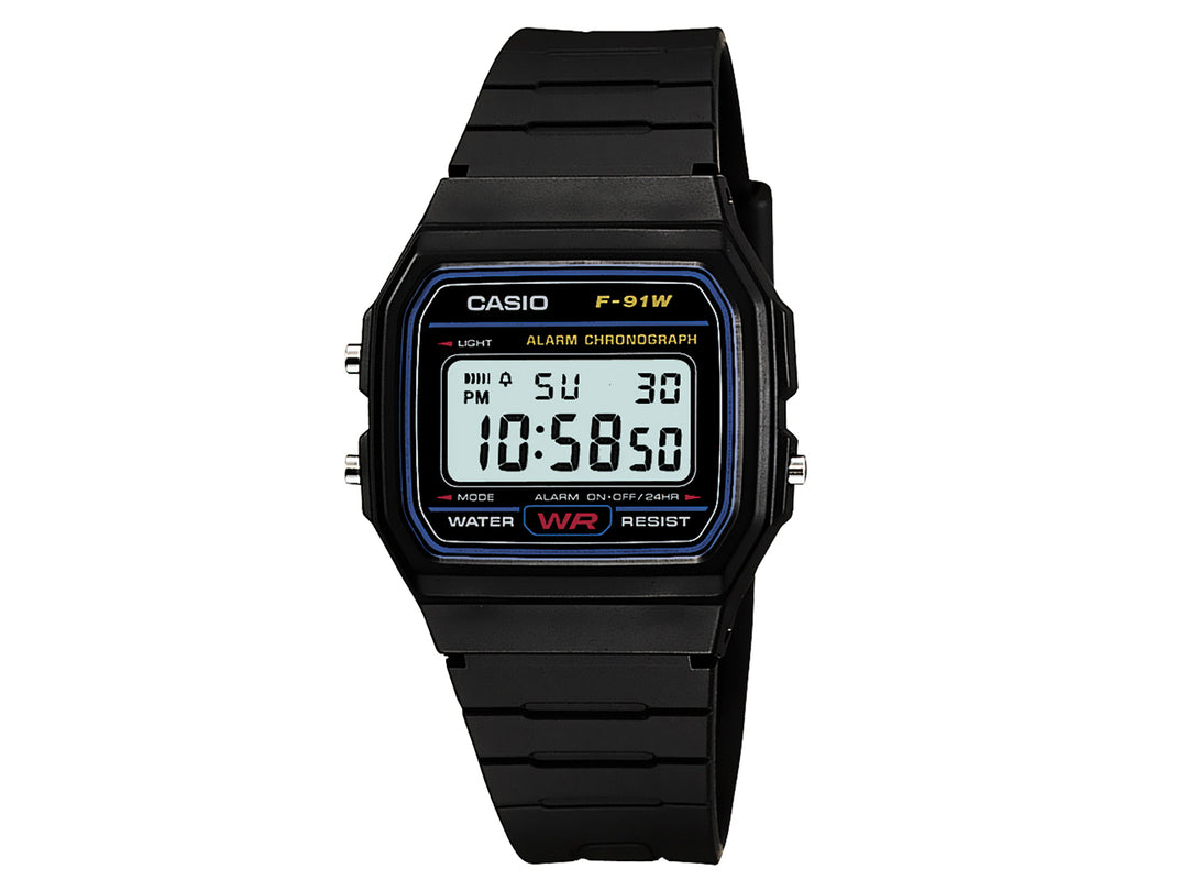 Reloj digital Casio F-91W color negro con correa de resina y pantalla LCD.