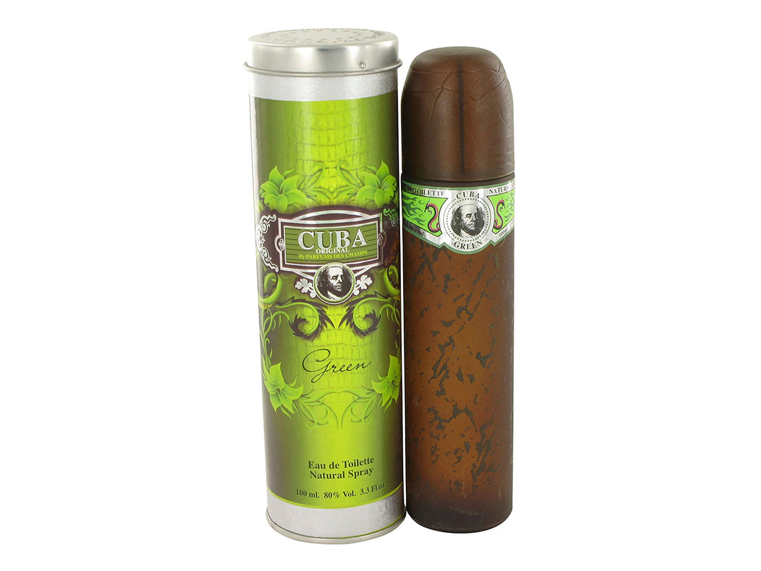 Perfume Cuba Green para hombre con botella en forma de puro marrón y empaque cilíndrico verde.