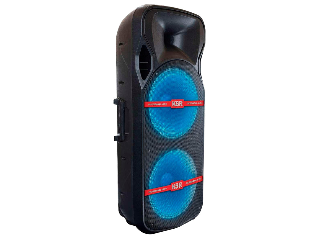Bocina doble Kaiser Mitzu color negro con iluminación LED azul en los conos y diseño robusto.