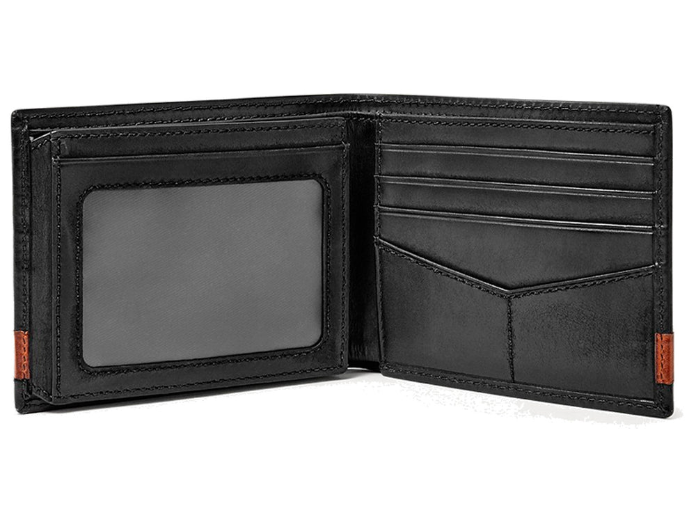 Cartera bifold Fossil de cuero color negro con una franja decorativa en color marrón en la parte inferior.