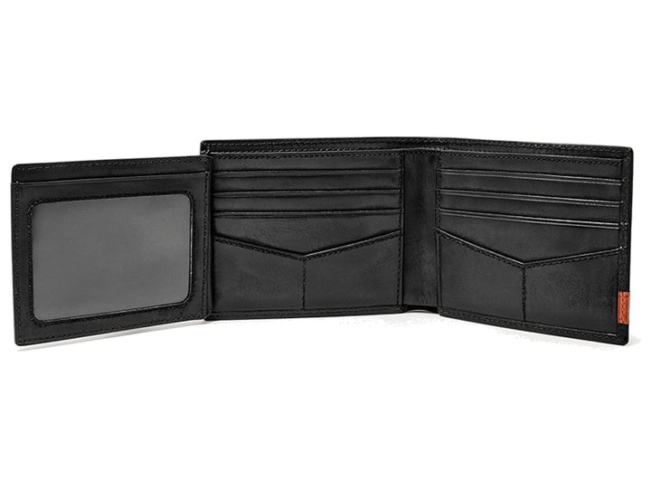 Cartera bifold Fossil de cuero color negro con una franja decorativa en color marrón en la parte inferior.