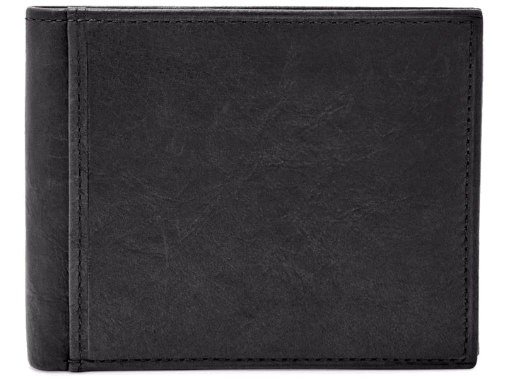 Cartera bifold de cuero color negro marca Fossil con costuras perimetrales.